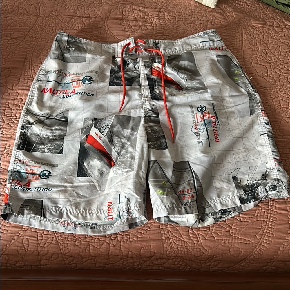 Nautica Gray and Red Board Shorts Quick-Dry Swimwear- size 36- EUC/SFH